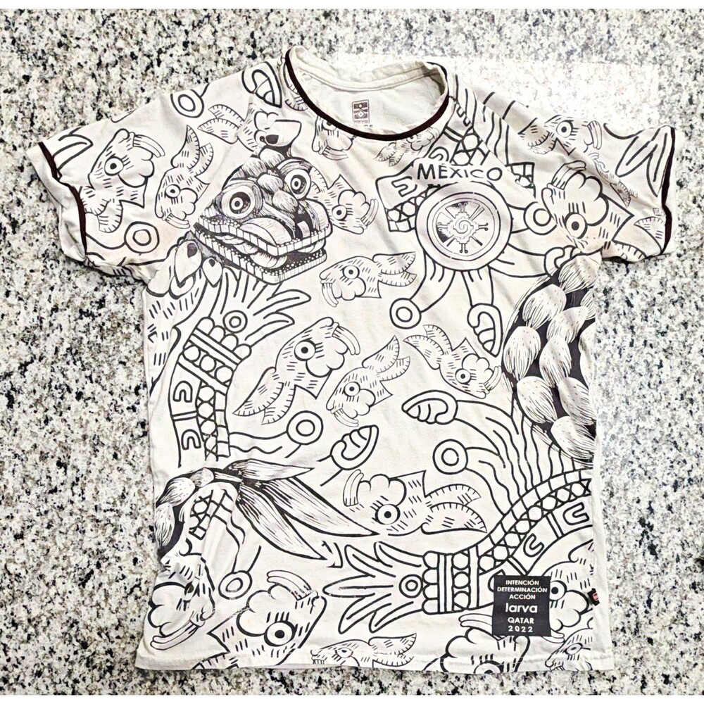 Larva MX All Over Print T Shirt Mens L Aztec Pre Hispanic Streetwear AOP Flawed